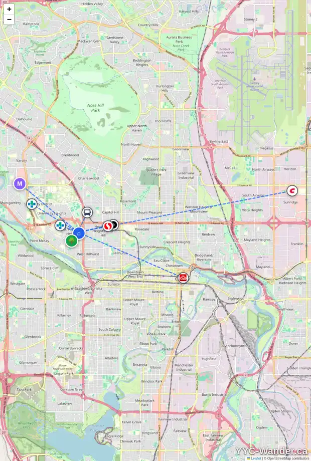 Daily accessibility map for 1343 HAMILTON ST NW, Calgary showing nearby schools, grocery stores, parks, LRT stations and nearby amenities