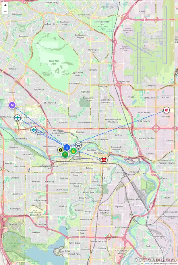 Daily accessibility map for 302 16 ST NW, Calgary showing nearby schools, grocery stores, parks, LRT stations and nearby amenities