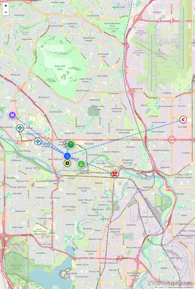 Daily accessibility map for 1925 6 AV NW, Calgary showing nearby schools, grocery stores, parks, LRT stations and nearby amenities