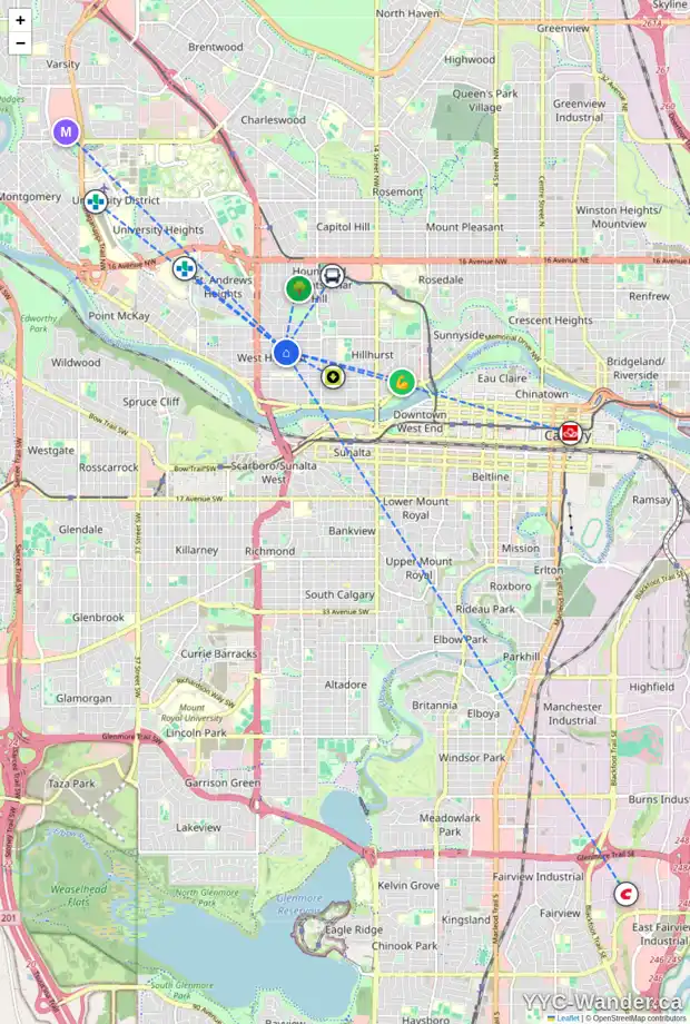 Daily accessibility map for 2241 4 AV NW, Calgary showing nearby schools, grocery stores, parks, LRT stations and nearby amenities
