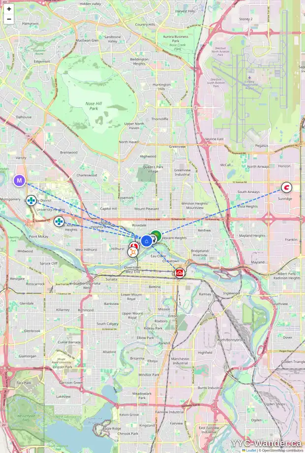 Daily accessibility map for 314C 6 ST NW, Calgary showing nearby schools, grocery stores, parks, LRT stations and nearby amenities