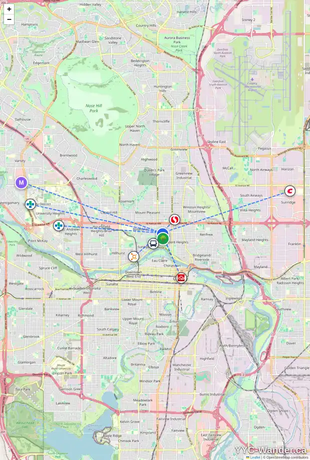 Daily accessibility map for 327 12 AV NW, Calgary showing nearby schools, grocery stores, parks, LRT stations and nearby amenities