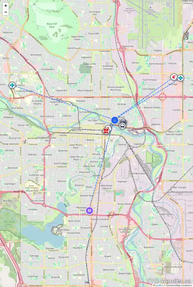 Daily accessibility map for 210 647 1 AV NE, Calgary showing nearby schools, grocery stores, parks, LRT stations and nearby amenities