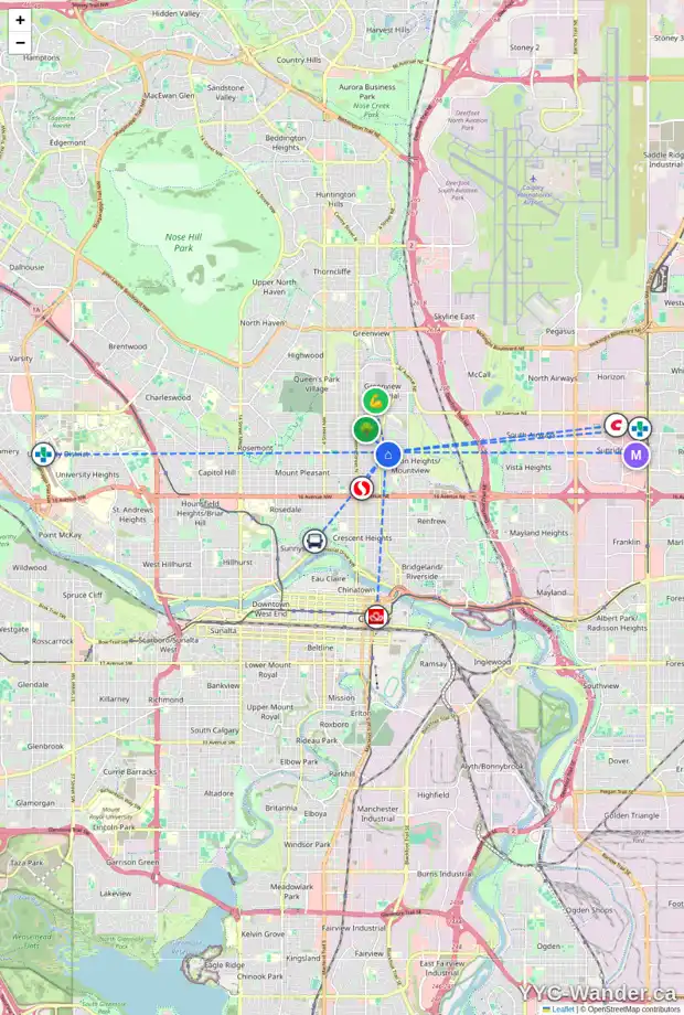 Daily accessibility map for 432 24 AV NE, Calgary showing nearby schools, grocery stores, parks, LRT stations and nearby amenities