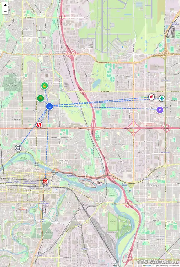 Daily accessibility map for 415 26 AV NE, Calgary showing nearby schools, grocery stores, parks, LRT stations and nearby amenities