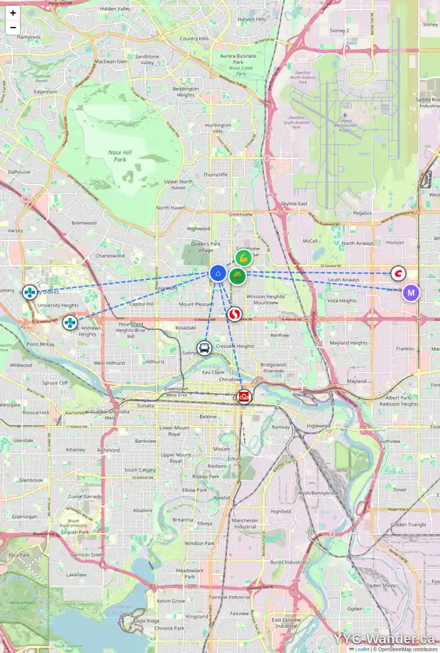 Daily accessibility map for 422 30 AV NW, Calgary showing nearby schools, grocery stores, parks, LRT stations and nearby amenities