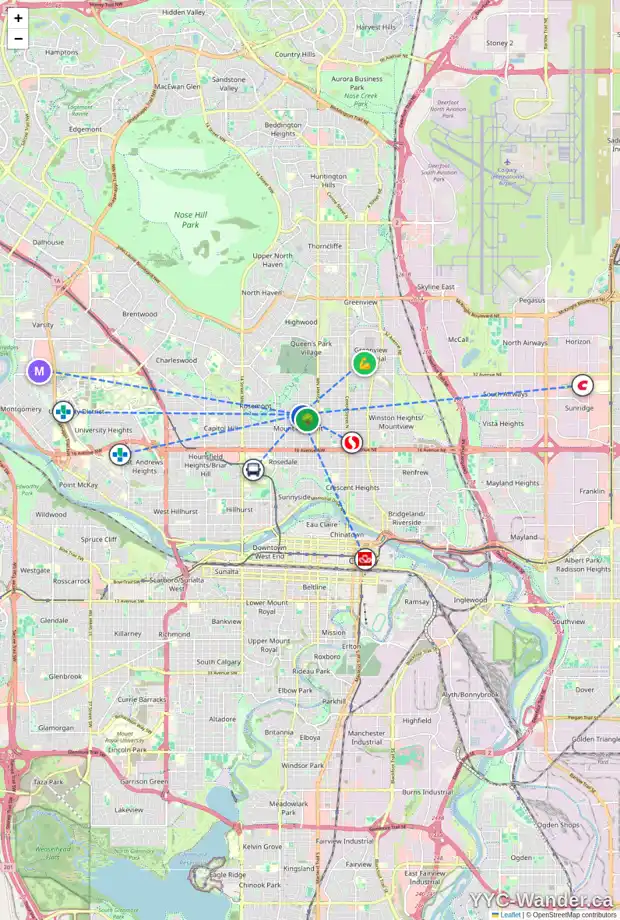 Daily accessibility map for 2411 6 ST NW, Calgary showing nearby schools, grocery stores, parks, LRT stations and nearby amenities