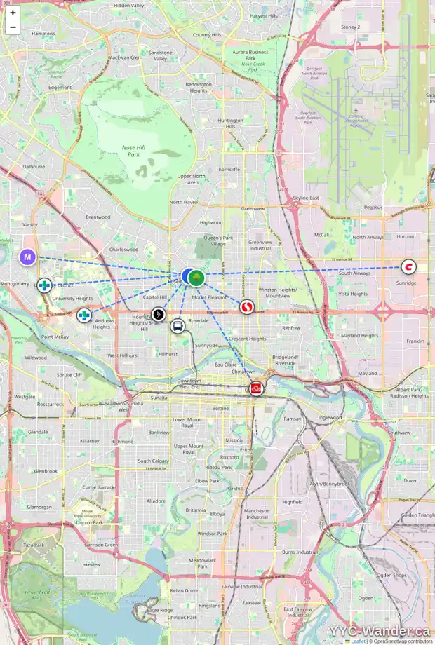 Daily accessibility map for 35 ROSERY DR NW, Calgary showing nearby schools, grocery stores, parks, LRT stations and nearby amenities