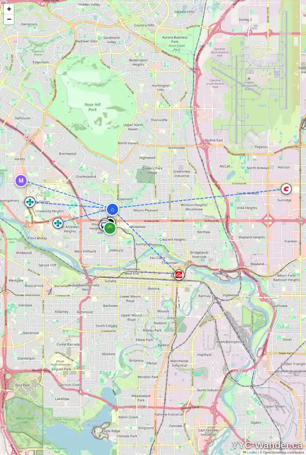 Daily accessibility map for 1630 21 AV NW, Calgary showing nearby schools, grocery stores, parks, LRT stations and nearby amenities