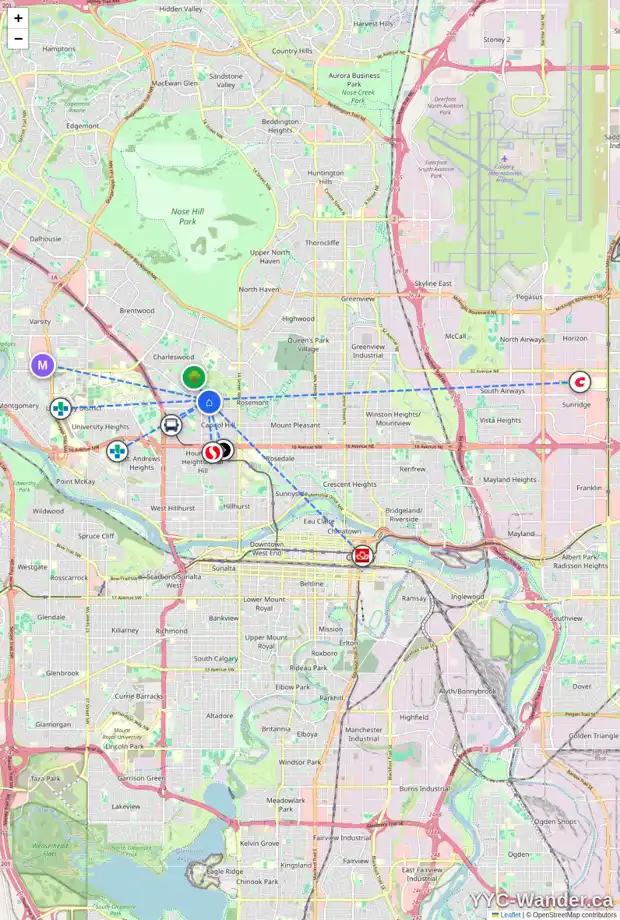 Daily accessibility map for 2712 18 ST NW, Calgary showing nearby schools, grocery stores, parks, LRT stations and nearby amenities