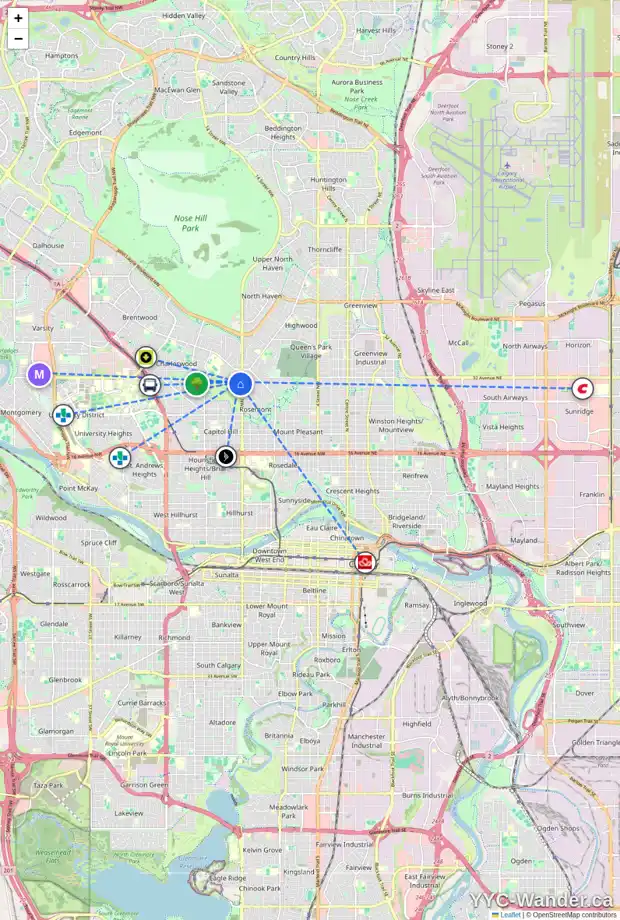 Daily accessibility map for 3208 15 ST NW, Calgary showing nearby schools, grocery stores, parks, LRT stations and nearby amenities