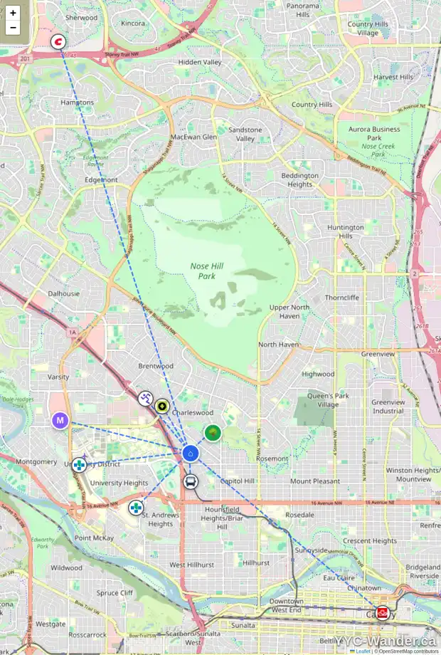 Daily accessibility map for 2407 27 AV NW, Calgary showing nearby schools, grocery stores, parks, LRT stations and nearby amenities