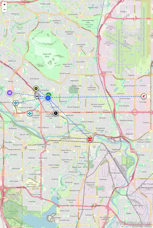 Daily accessibility map for 2721 CANMORE RD NW, Calgary showing nearby schools, grocery stores, parks, LRT stations and nearby amenities