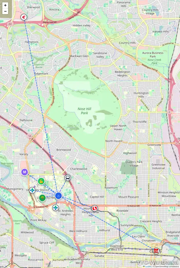 Daily accessibility map for 3027 UNDERHILL DR NW, Calgary showing nearby schools, grocery stores, parks, LRT stations and nearby amenities