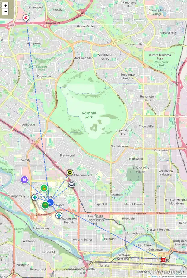 Daily accessibility map for 3603 UNDERHILL DR NW, Calgary showing nearby schools, grocery stores, parks, LRT stations and nearby amenities