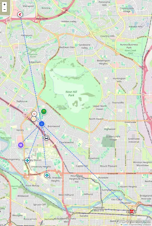 Daily accessibility map for 3516 BULYEA CR NW, Calgary showing nearby schools, grocery stores, parks, LRT stations and nearby amenities