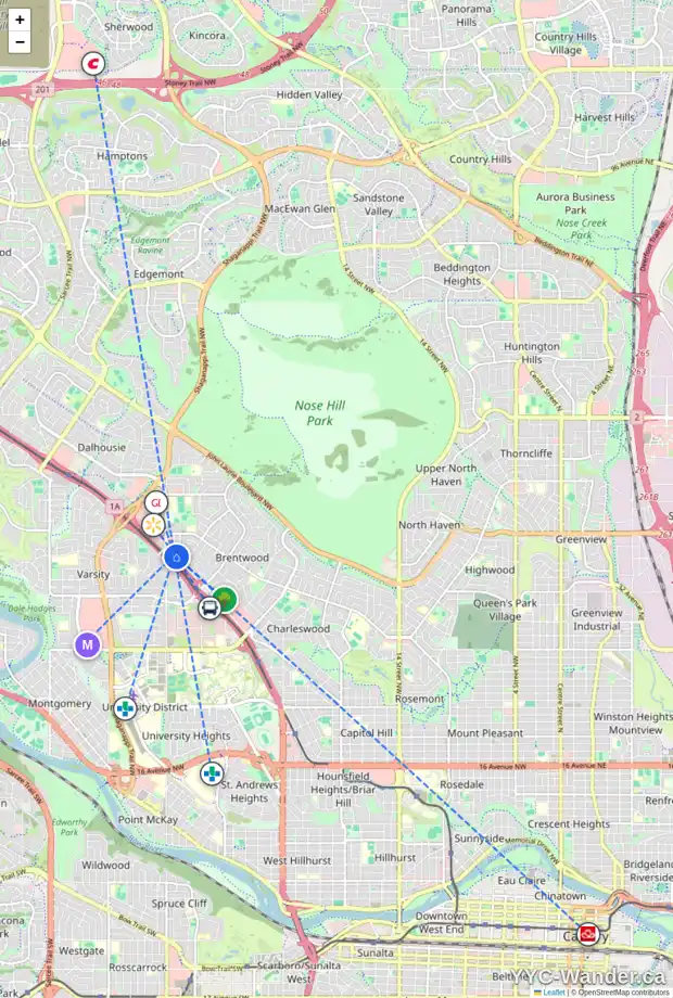 Daily accessibility map for 4440 BRENTWOOD GR NW, Calgary showing nearby schools, grocery stores, parks, LRT stations and nearby amenities