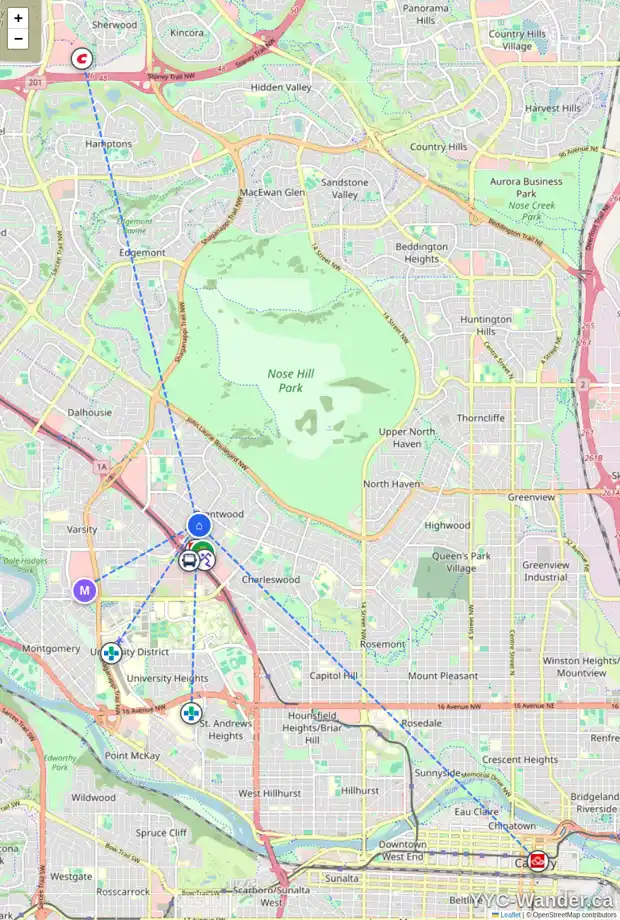 Daily accessibility map for 4307 BRISEBOIS DR NW, Calgary showing nearby schools, grocery stores, parks, LRT stations and nearby amenities