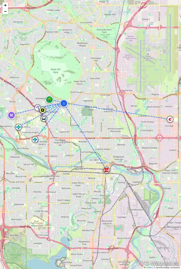 Daily accessibility map for 1824 CAYUGA DR NW, Calgary showing nearby schools, grocery stores, parks, LRT stations and nearby amenities