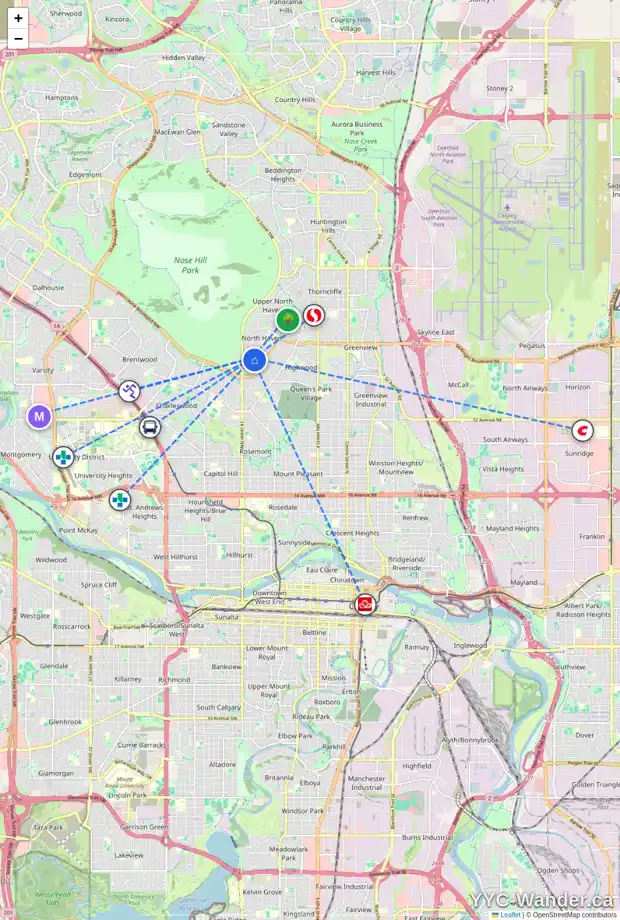 Daily accessibility map for 1315 NORTHCOTE RD NW, Calgary showing nearby schools, grocery stores, parks, LRT stations and nearby amenities
