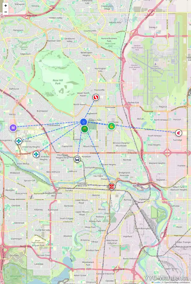 Daily accessibility map for 21 COLERIDGE RD NW, Calgary showing nearby schools, grocery stores, parks, LRT stations and nearby amenities