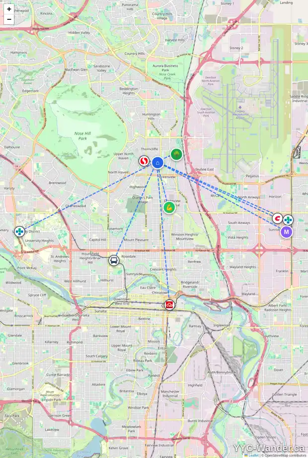 Daily accessibility map for 5616 THORNCLIFFE DR NW, Calgary showing nearby schools, grocery stores, parks, LRT stations and nearby amenities