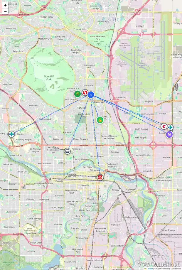 Daily accessibility map for 5424 THORNTON RD NW, Calgary showing nearby schools, grocery stores, parks, LRT stations and nearby amenities