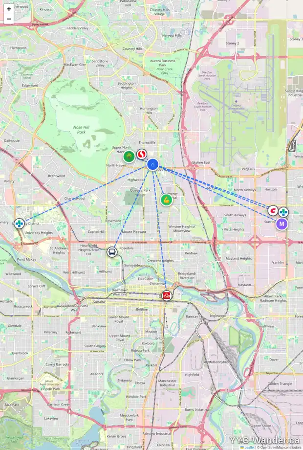 Daily accessibility map for 5315 THORNBRIAR RD NW, Calgary showing nearby schools, grocery stores, parks, LRT stations and nearby amenities