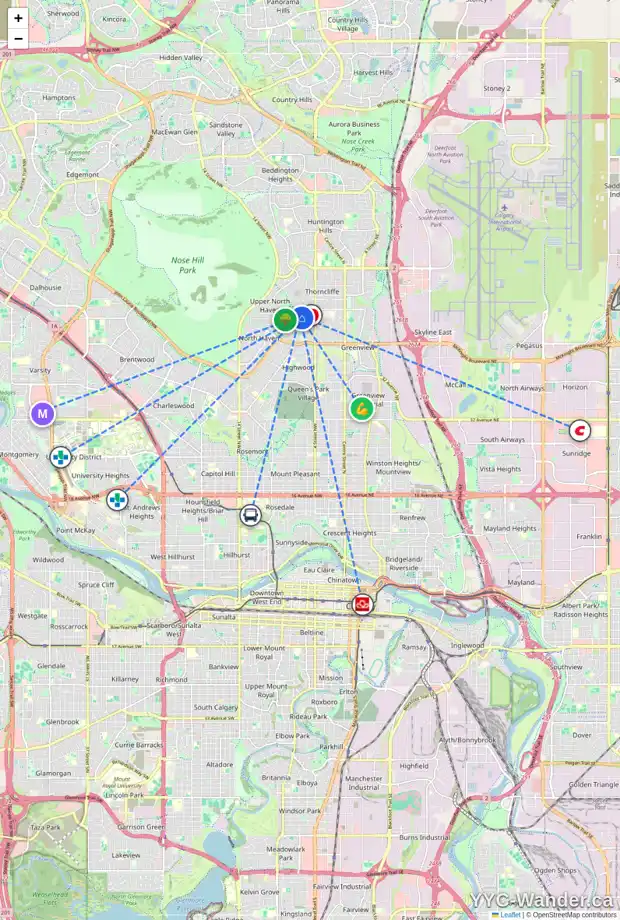 Daily accessibility map for 716 TRAFFORD DR NW, Calgary showing nearby schools, grocery stores, parks, LRT stations and nearby amenities