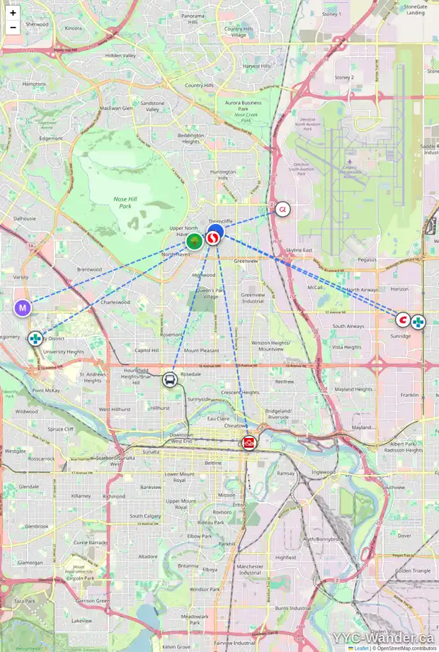 Daily accessibility map for 507 THORNDALE RD NW, Calgary showing nearby schools, grocery stores, parks, LRT stations and nearby amenities