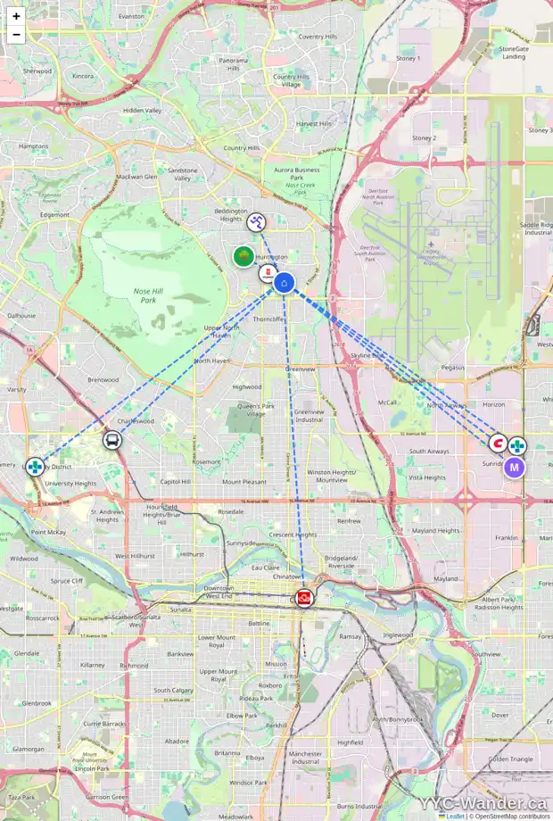 Daily accessibility map for 12 HUNTFORD RD NE, Calgary showing nearby schools, grocery stores, parks, LRT stations and nearby amenities