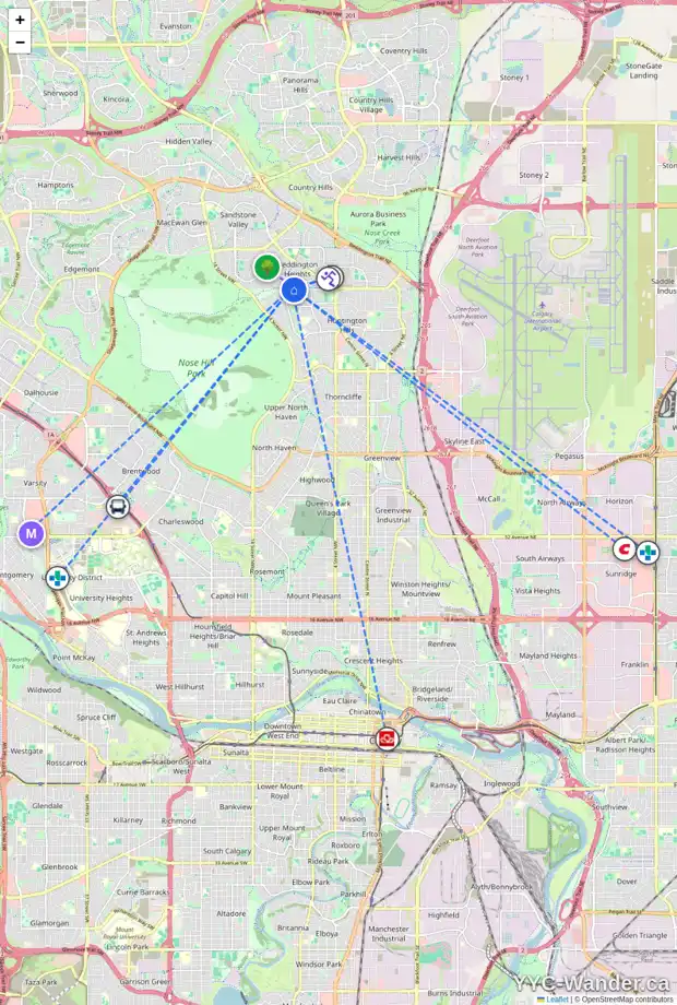 Daily accessibility map for 500 BERKLEY CR NW, Calgary showing nearby schools, grocery stores, parks, LRT stations and nearby amenities