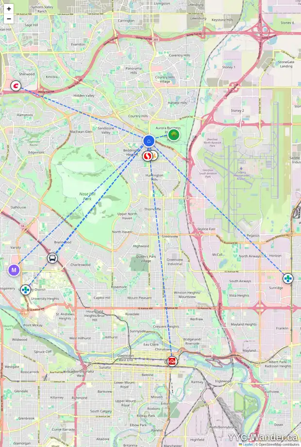 Daily accessibility map for 64 BERNARD CL NW, Calgary showing nearby schools, grocery stores, parks, LRT stations and nearby amenities