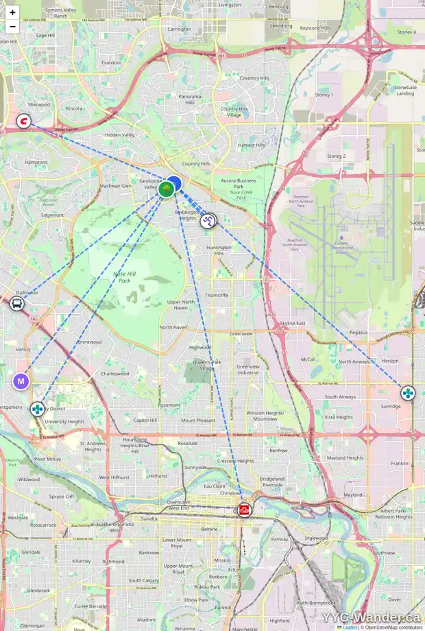 Daily accessibility map for 51 SANDERLING RI NW, Calgary showing nearby schools, grocery stores, parks, LRT stations and nearby amenities