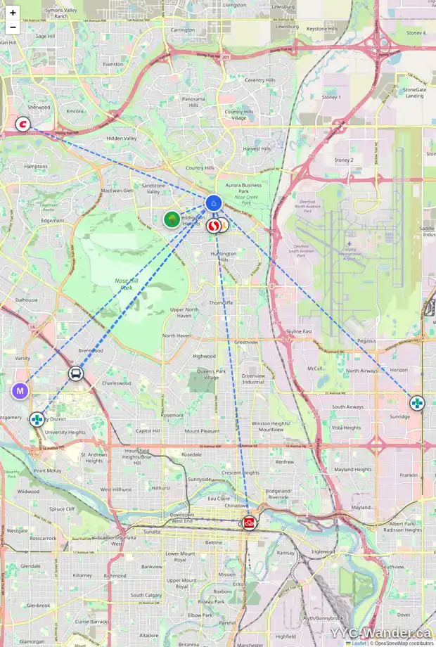 Daily accessibility map for 47 BERNARD CL NW, Calgary showing nearby schools, grocery stores, parks, LRT stations and nearby amenities