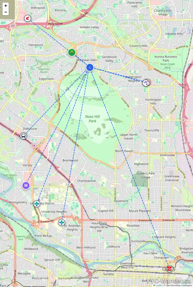 Daily accessibility map for 76 MACEWAN GLEN RD NW, Calgary showing nearby schools, grocery stores, parks, LRT stations and nearby amenities