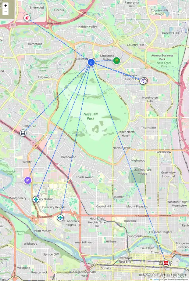 Daily accessibility map for 84 MACEWAN PARK WY NW, Calgary showing nearby schools, grocery stores, parks, LRT stations and nearby amenities