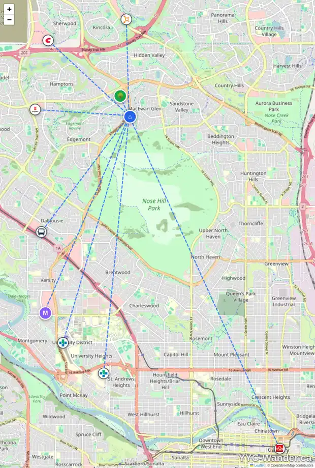 Daily accessibility map for 120 MACEWAN PARK RI NW, Calgary showing nearby schools, grocery stores, parks, LRT stations and nearby amenities