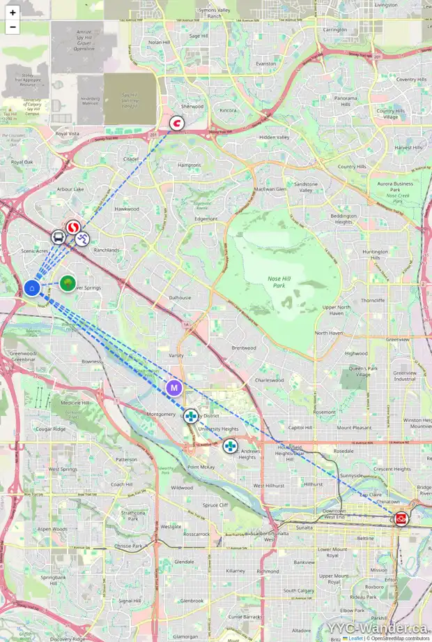 Daily accessibility map for 203 SCENIC RIDGE CR NW, Calgary showing nearby schools, grocery stores, parks, LRT stations and nearby amenities