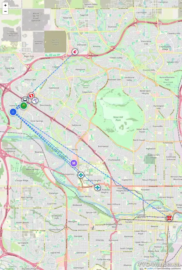 Daily accessibility map for 115 SCENIC PARK CR NW, Calgary showing nearby schools, grocery stores, parks, LRT stations and nearby amenities