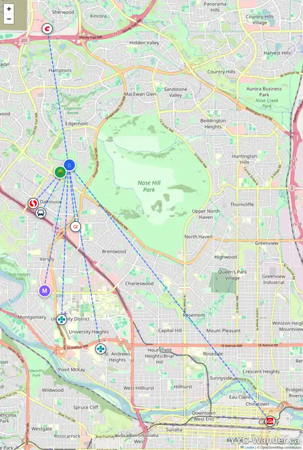 Daily accessibility map for 859 EDGEMONT RD NW, Calgary showing nearby schools, grocery stores, parks, LRT stations and nearby amenities