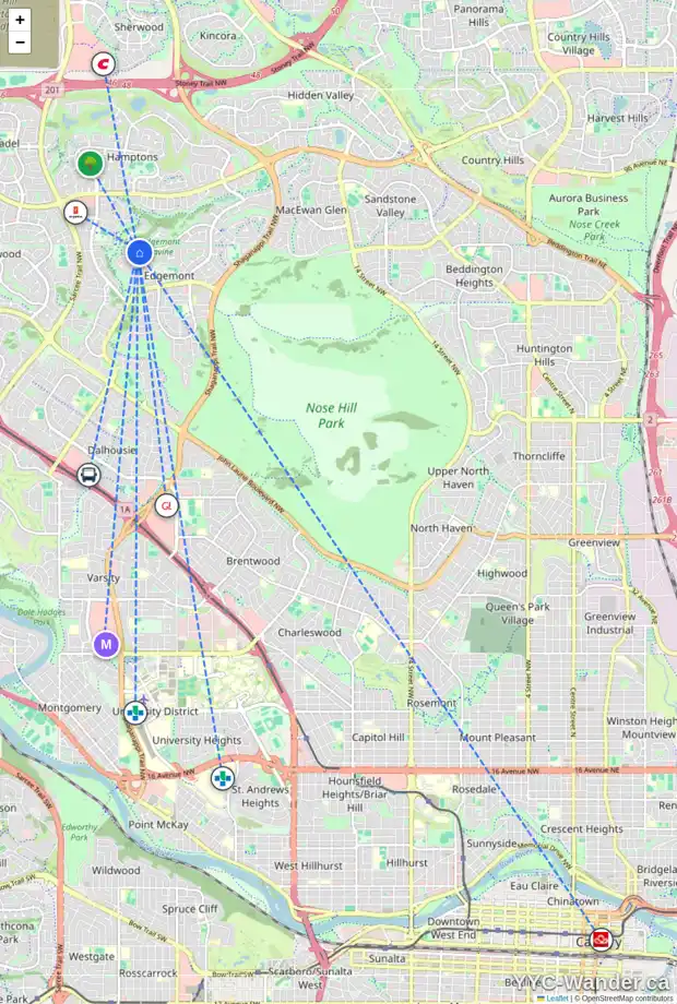 Daily accessibility map for 428 EDGEVIEW PL NW, Calgary showing nearby schools, grocery stores, parks, LRT stations and nearby amenities