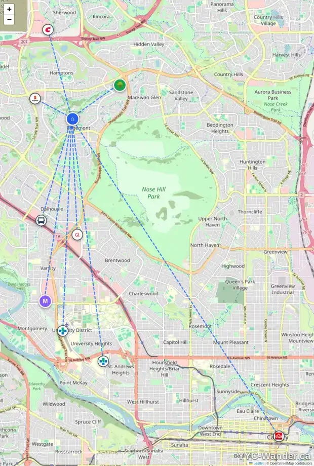 Daily accessibility map for 163 EDGEVALLEY CI NW, Calgary showing nearby schools, grocery stores, parks, LRT stations and nearby amenities