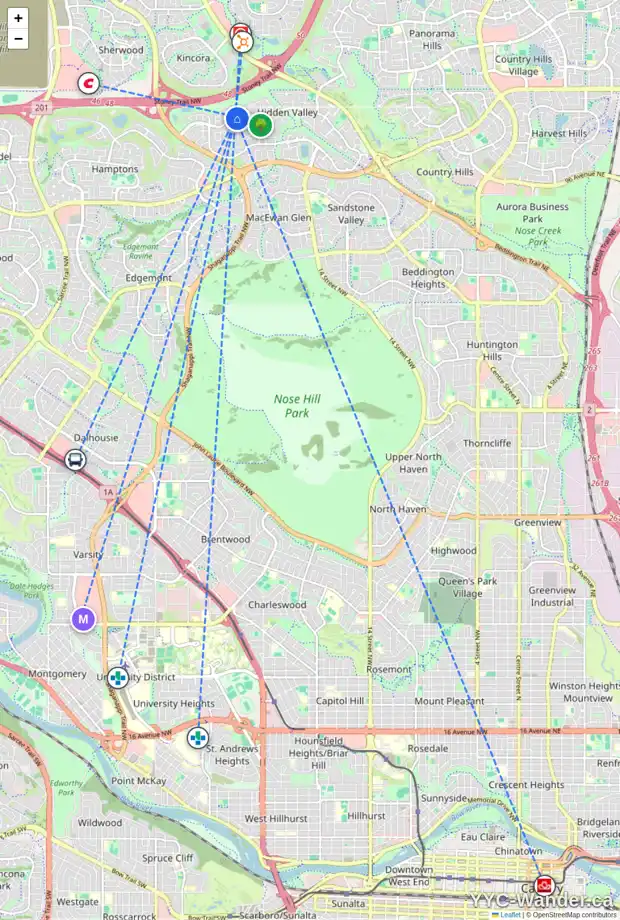 Daily accessibility map for 11113 HIDDEN VALLEY DR NW, Calgary showing nearby schools, grocery stores, parks, LRT stations and nearby amenities