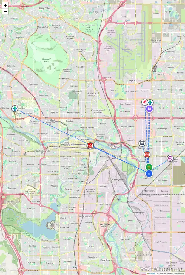 Daily accessibility map for 3258 32A AV SE, Calgary showing nearby schools, grocery stores, parks, LRT stations and nearby amenities