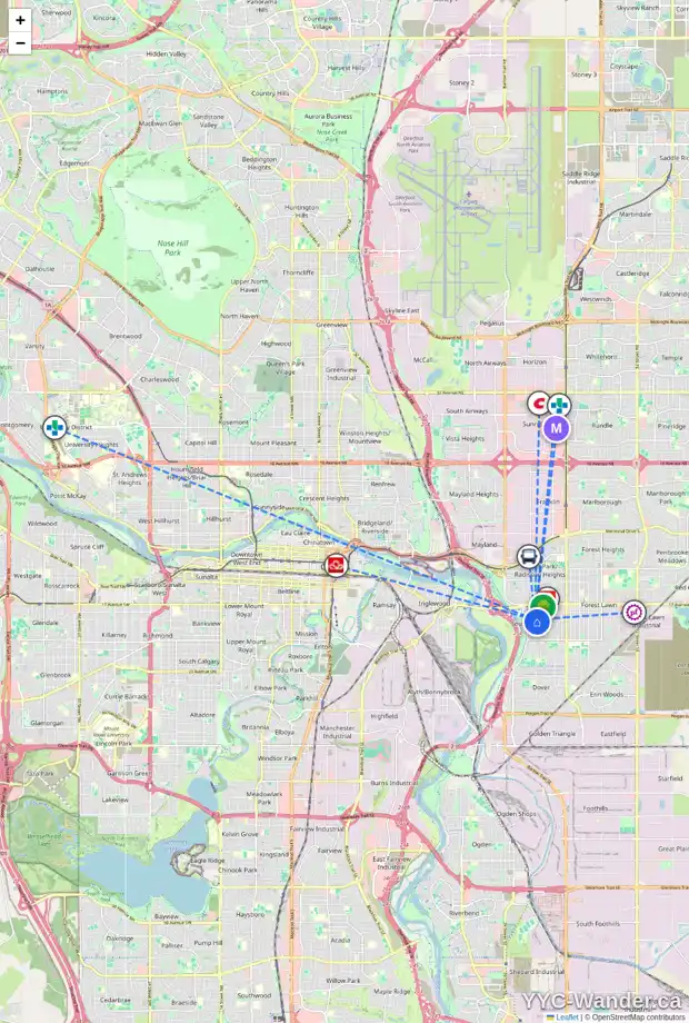 Daily accessibility map for 2034 ASPEN CR SE, Calgary showing nearby schools, grocery stores, parks, LRT stations and nearby amenities