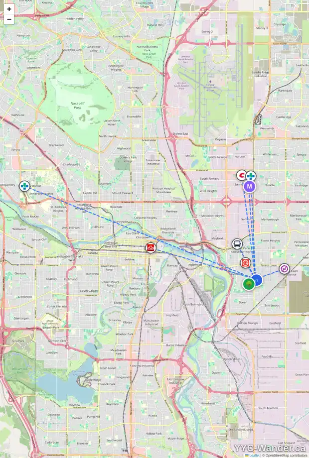 Daily accessibility map for 2611 37 ST SE, Calgary showing nearby schools, grocery stores, parks, LRT stations and nearby amenities