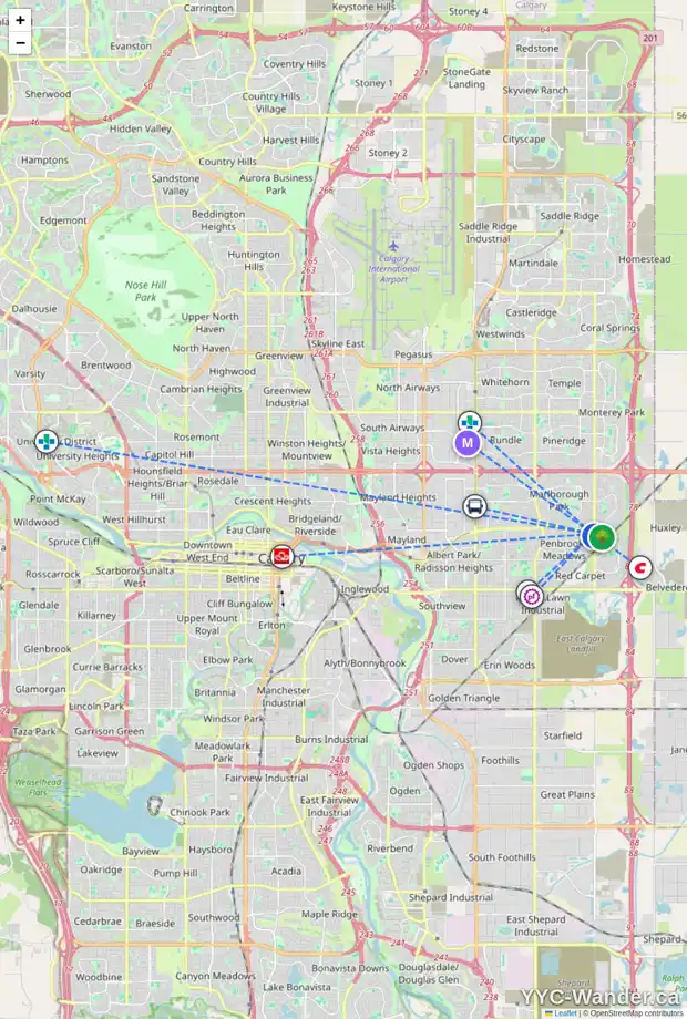 Daily accessibility map for 508 PENSWOOD RD SE, Calgary showing nearby schools, grocery stores, parks, LRT stations and nearby amenities