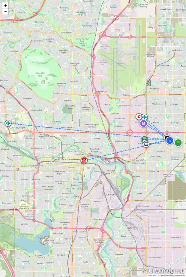 Daily accessibility map for 513 MADEIRA DR NE, Calgary showing nearby schools, grocery stores, parks, LRT stations and nearby amenities