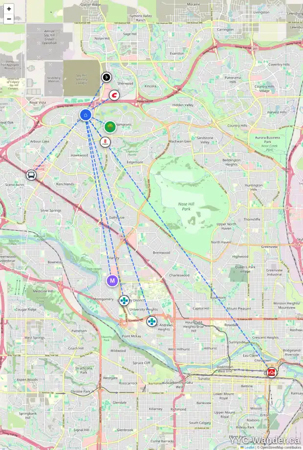 Daily accessibility map for 218 CITADEL CREST PA NW, Calgary showing nearby schools, grocery stores, parks, LRT stations and nearby amenities